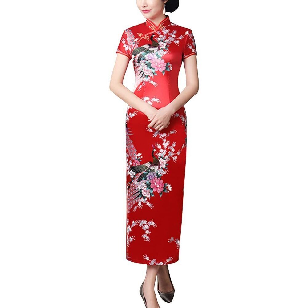 5787 Short Sleeve Chinese Cheongsam Costume Blossom Printed Mandarin Collar